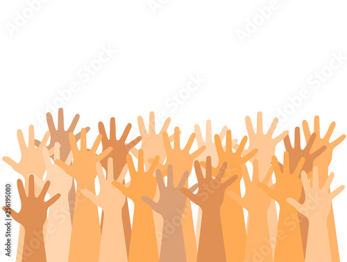 Hands up of different races, colors, nationalities with ancient signs and symbols. Isolated silhouette vector anthropology concept on white background.