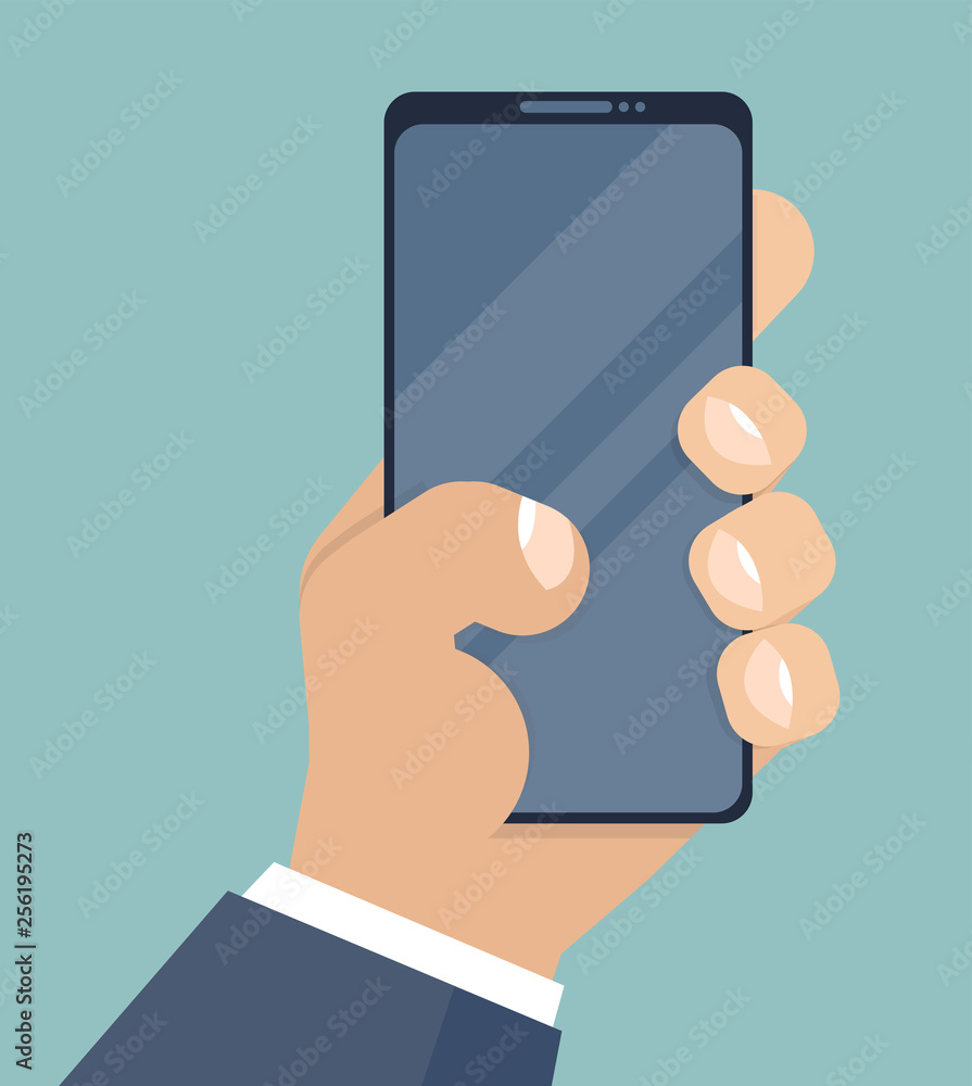 Smartphone in hand. Mobile phone holding in businessman hands. Cartoon  style. Smart cellphone digital display. Smartphone in hand for your  application, flat style, cartoon hand and phone. Vector Stock Vector | Adobe