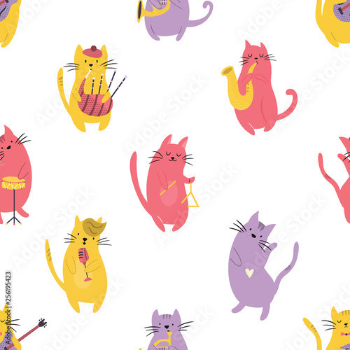 Bright seamless pattern with funny cats musicians