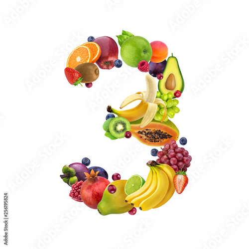 Fototapeta Naklejka Na Ścianę i Meble -  Number three made of different fruits and berries, fruit alphabet isolated on white background