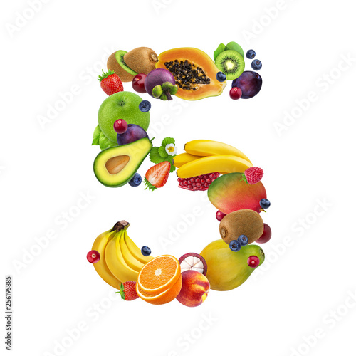 Number five made of different fruits and berries  fruit alphabet isolated on white background