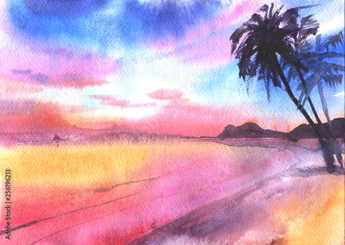 Watercolor sunset seaside landscspe view. Pink seaside illustration background with palms. photo