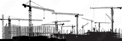 workers and cranes build house on white