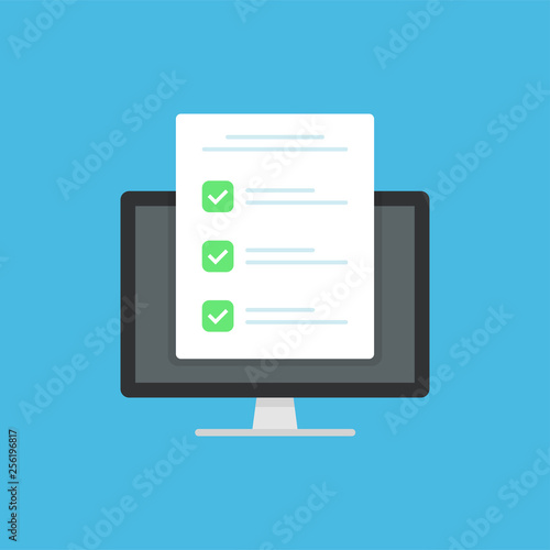 Survey form icon, flat style good exam results paper sheet with pen, quiz form idea, interview assessment, passed questionnaire, isolated on color background image. Vector illustration.