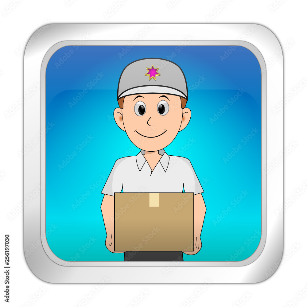 Button with friendly Courier delivering a parcel - 3D illustration Button with friendly Courier delivering a parcel - 3D illustration