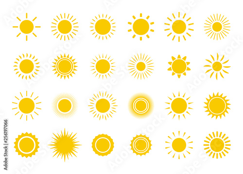 Sun icon set. Yellow sun star icons collection. Summer, sunlight, nature, sky. Vector illustration isolated on white background.