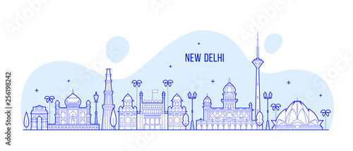 New Delhi skyline India city buildings vector line