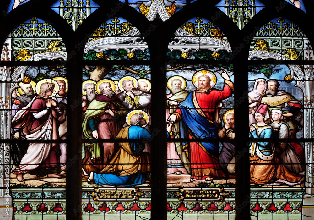 Jesus gives Peter the keys to the Kingdom, stained glass window in Saint Severin church in Paris, France Jesus gives Peter the keys to the Kingdom, stained glass window in Saint Severin church in Paris, France