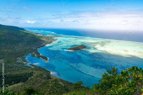 Beautiful view of a tropical beach with crystal clear water from the mountain in le Le Morne Brabant  Mauritius
