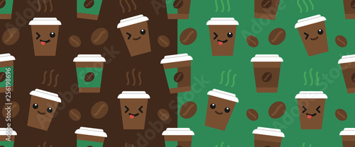 Kawaii food cute coffee cup backround seamless texture, kawaii smile funny face hot coffee cup seamless patterns