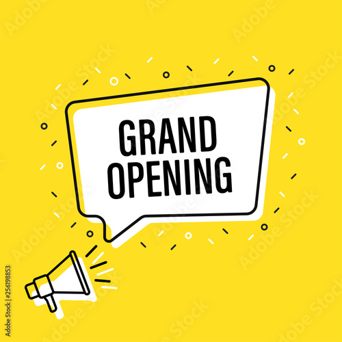 Male hand holding megaphone with grand opening speech bubble. Loudspeaker. Banner for business, marketing and advertising. Vector illustration.