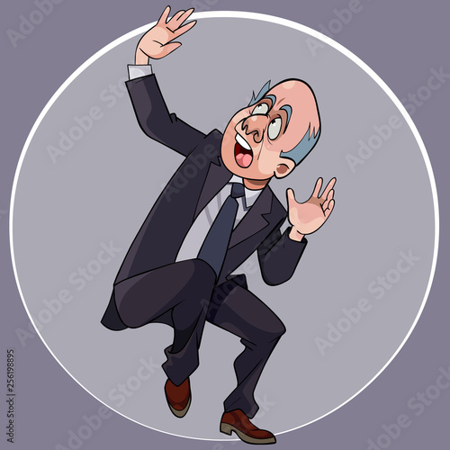 cartoon man in a suit with a tie crouches in fright