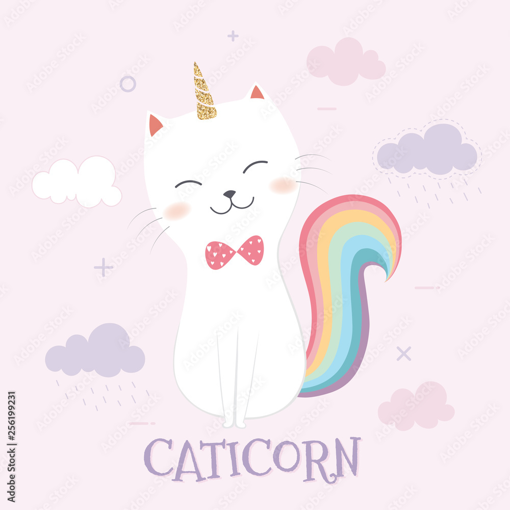 Cute Caticorn and rainbow on a pink sky background Cute Caticorn and rainbow on a pink sky background