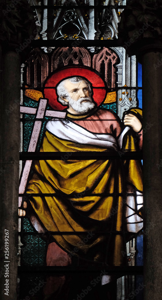 Saint Andrew, stained glass window in Saint Severin church in Paris, France