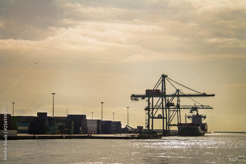 Obraz premium Cargo ship and cranes in the dockyard of Barcelona at dusk , Spain
