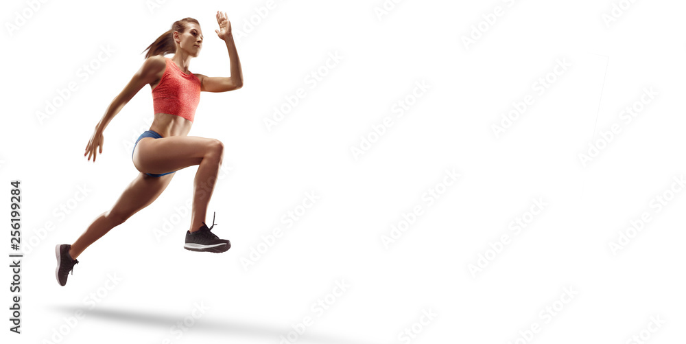 Isolated Female athletes sprinting. Women on white background in sport clothes run
