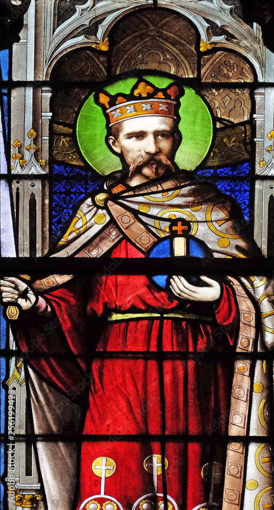 Saint, stained glass window in Saint Severin church in Paris, France
