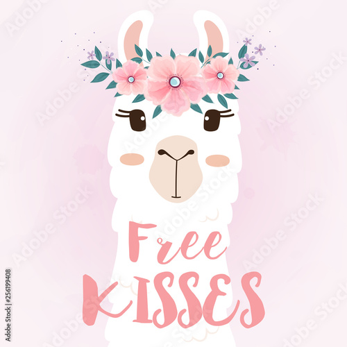 Cute llama head with flower crown.