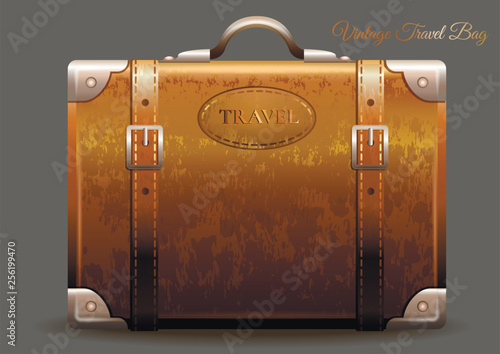 Vintage realistic brown travel bag on gray background. Vector illustration.