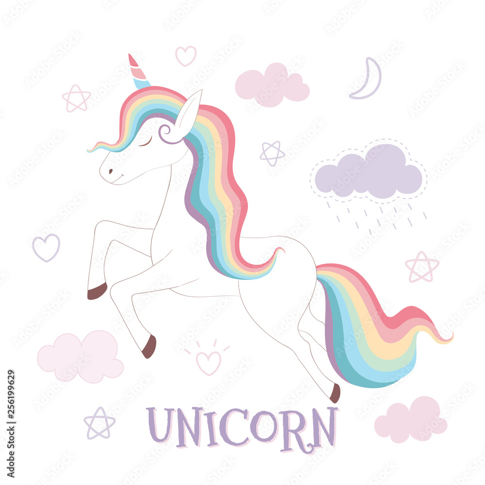 Cute unicorn and rainbow on pink sky background Cute unicorn and rainbow on pink sky background