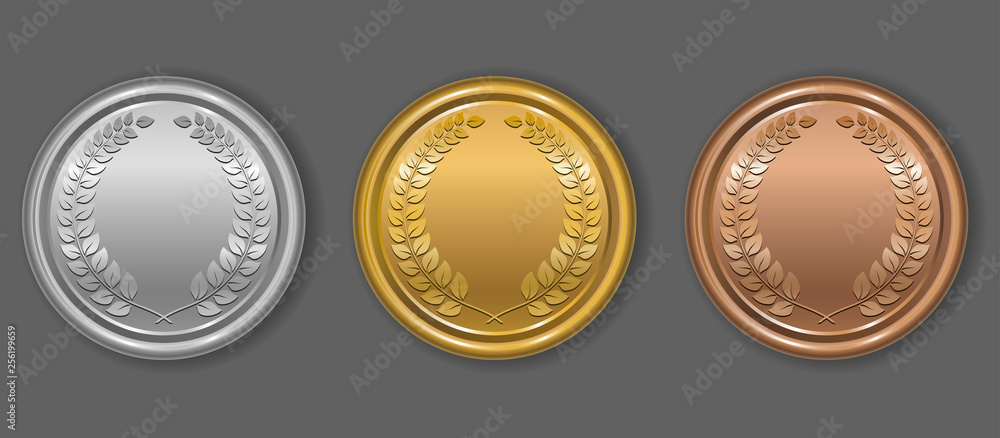 Gold, silver and bronze award medals with laurel wreath. Blank medals set.  Blank of coins. Vector illustration. Stock Vector | Adobe Stock