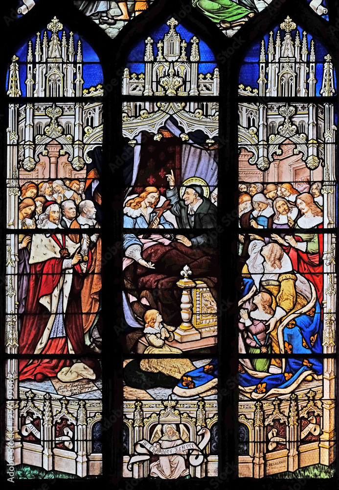 The death of Louis XIII in the presence of St Vincent de Paul, Anne of Austria, the future Louis XIV and Cardinal Mazarin, stained glass in St Severin church in Paris