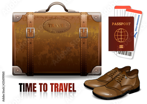 Travel kit. Suitcase, shoes, passport. Time to travel image. Let's go travel. Travel bag. Vector illustration.