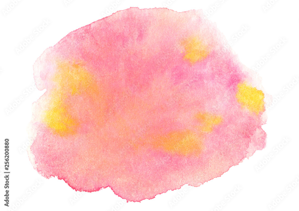 Watercolor hand drawn decorative textured spot in pink and yellow colors on white background