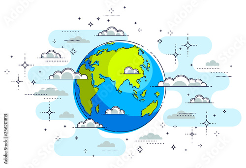 Earth in the sky surrounded by clouds beautiful thin line illustration isolated over white background, vector.