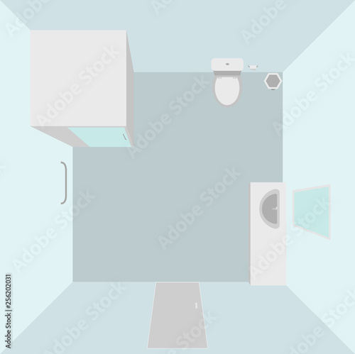 interior bathroom top view with shower stall, toilet bowl, toilet paper, sink and mirror. interior vector illustration flat design.