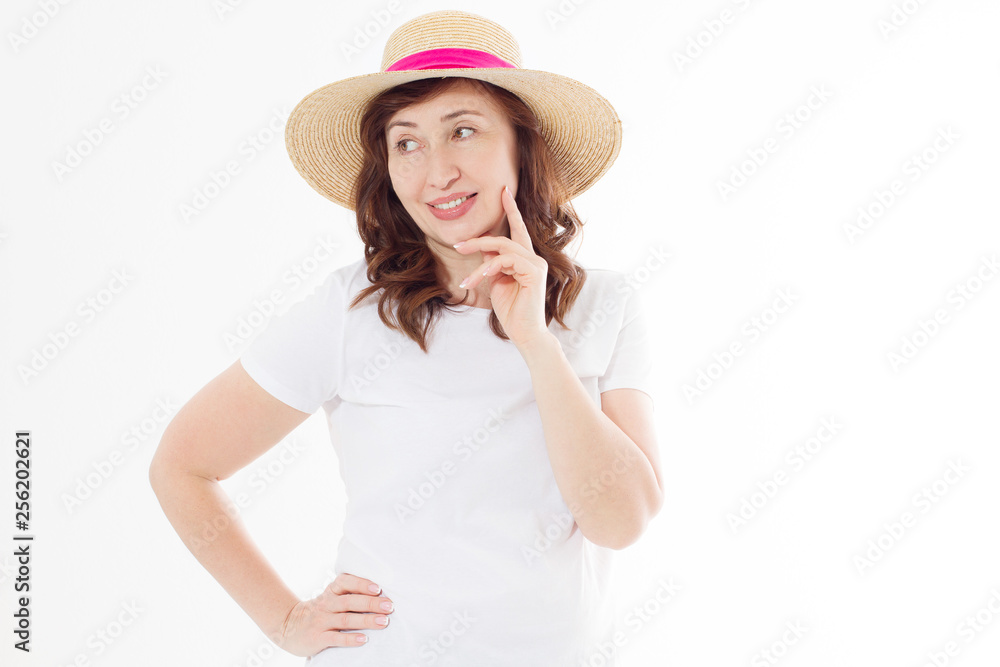 Summer beach holiday, vacation concept. Woman in hat and template blank t shirt isolated on white background. Copy space on tshirt and place for print. Sun skin care, wrinkles protection. Anti aging Summer beach holiday, vacation concept. Woman in hat and template blank t shirt isolated on white background. Copy space on tshirt and place for print. Sun skin care, wrinkles protection. Anti aging