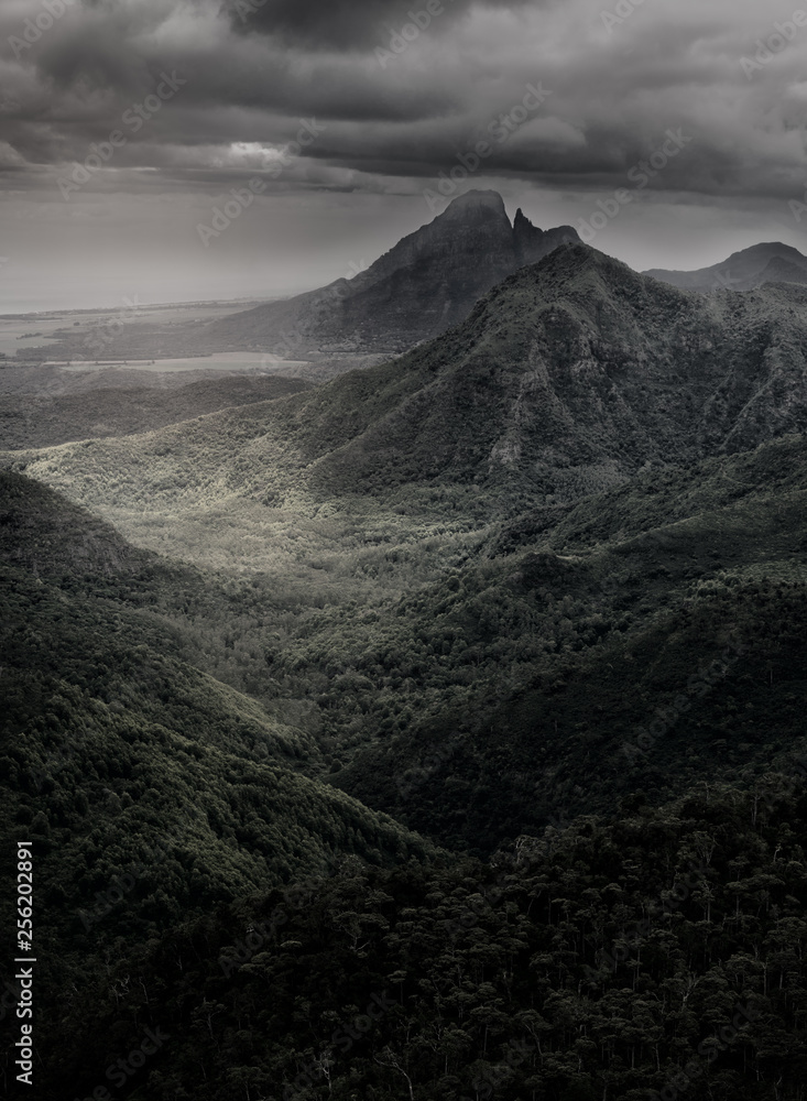 black river gorges national park viewpoint, spectacular panoramic landscape of mountains covered by forest in the Mauritius island. black e white desaturated