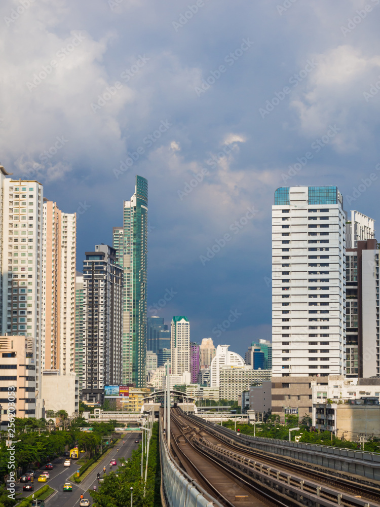Modern city building with railway of train in  Bangkok