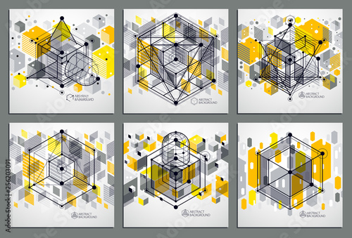 Trendy geometric vector patterns set  textured abstract cube mesh yellow background. Technical plan  abstract engineering draft for use in graphic and web design.