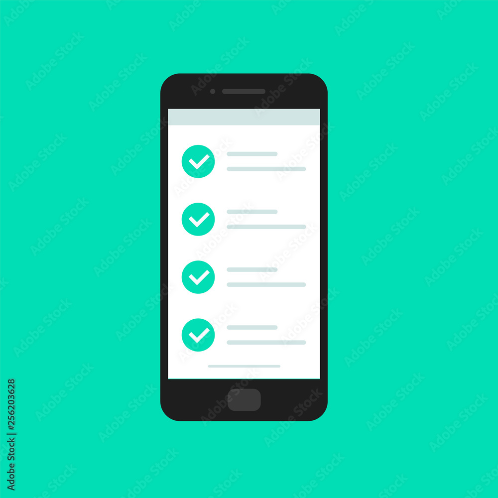Online form survey, smartphone with showing long quiz exam paper sheet document icon, on-line questionnaire results, check list or internet test. Vector illustration. - obrazy, fototapety, plakaty 
