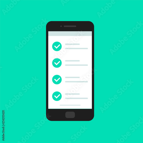 Online form survey, smartphone with showing long quiz exam paper sheet document icon, on-line questionnaire results, check list or internet test. Vector illustration.
