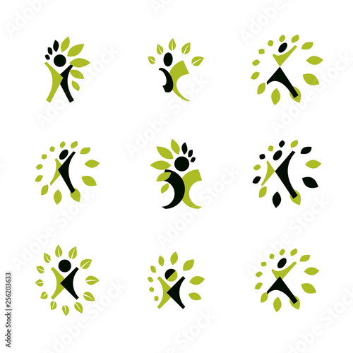 Collection of vector illustrations of happy abstract human with raised hands up. Phytotherapy metaphor, vector graphic emblem.