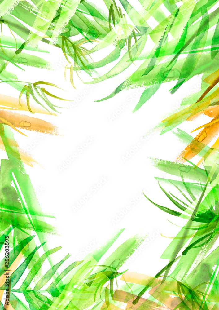 Fototapeta premium Watercolor Branches, green leaves, fern, palm,liana mint, bamboo. With a place for writing. abstract background, pattern, postcard, card, label. green spot, splash of paint, blot, divorce, color.