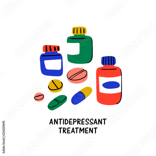 Psychology. Antidepressant treatment. Medication in jars and antidepressants pills. Medical cure against stress and depression. Doodle style flat vector illustration.
