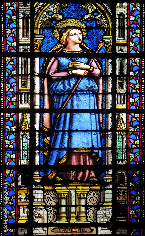Saint Genevieve, stained glass window in the Basilica of Saint Clotilde in Paris, France