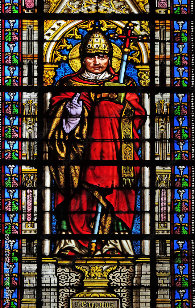 Saint Pope Gregory I, stained glass window in the Basilica of Saint Clotilde in Paris, France