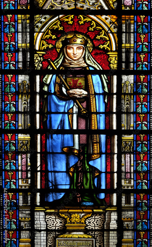 Saint Radegund, stained glass window in the Basilica of Saint Clotilde in Paris, France Saint Radegund, stained glass window in the Basilica of Saint Clotilde in Paris, France