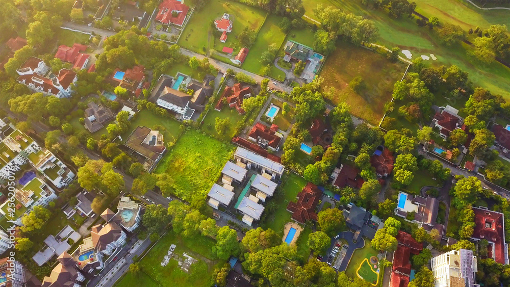 Aerial view of residential neighborhood. Urban housing development from