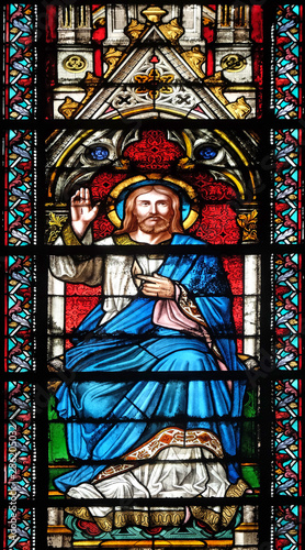 Christ blessing  stained glass window in the Basilica of Saint Clotilde in Paris  France 