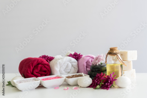 Spa treatments set on white wooden table. Healthcare and body therapy massage concept. Beauty and Healthy theme.