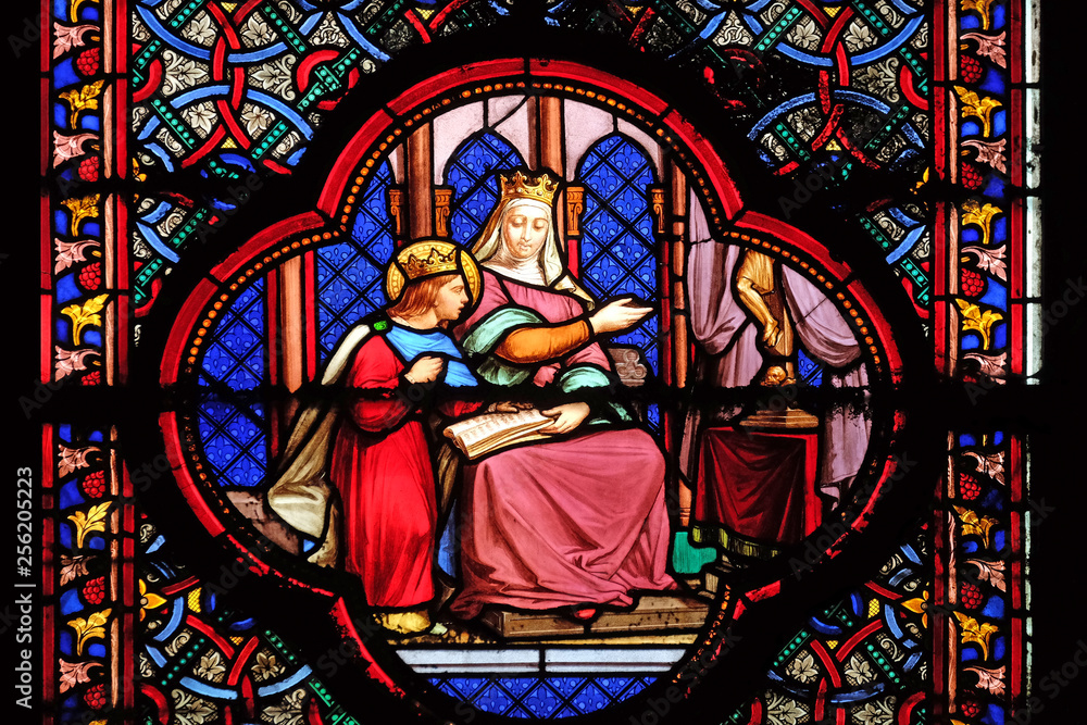 Education of Saint Louis by Blanche de Castille, stained glass window in the Basilica of Saint Clotilde in Paris, France 