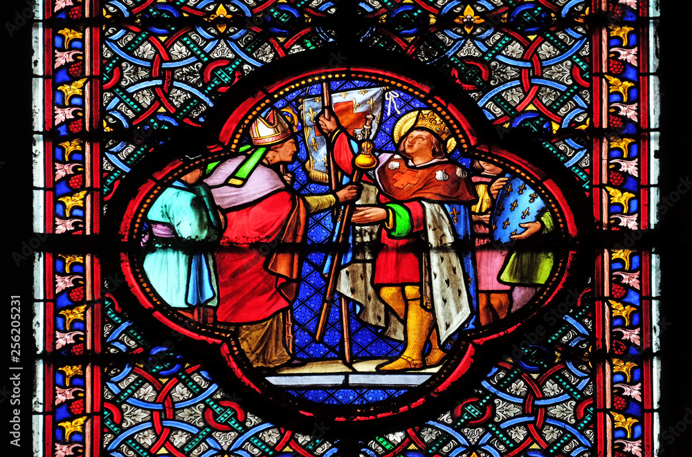Saint Louis Setting out for the Crusade, stained glass window in the Basilica of Saint Clotilde in Paris, France 