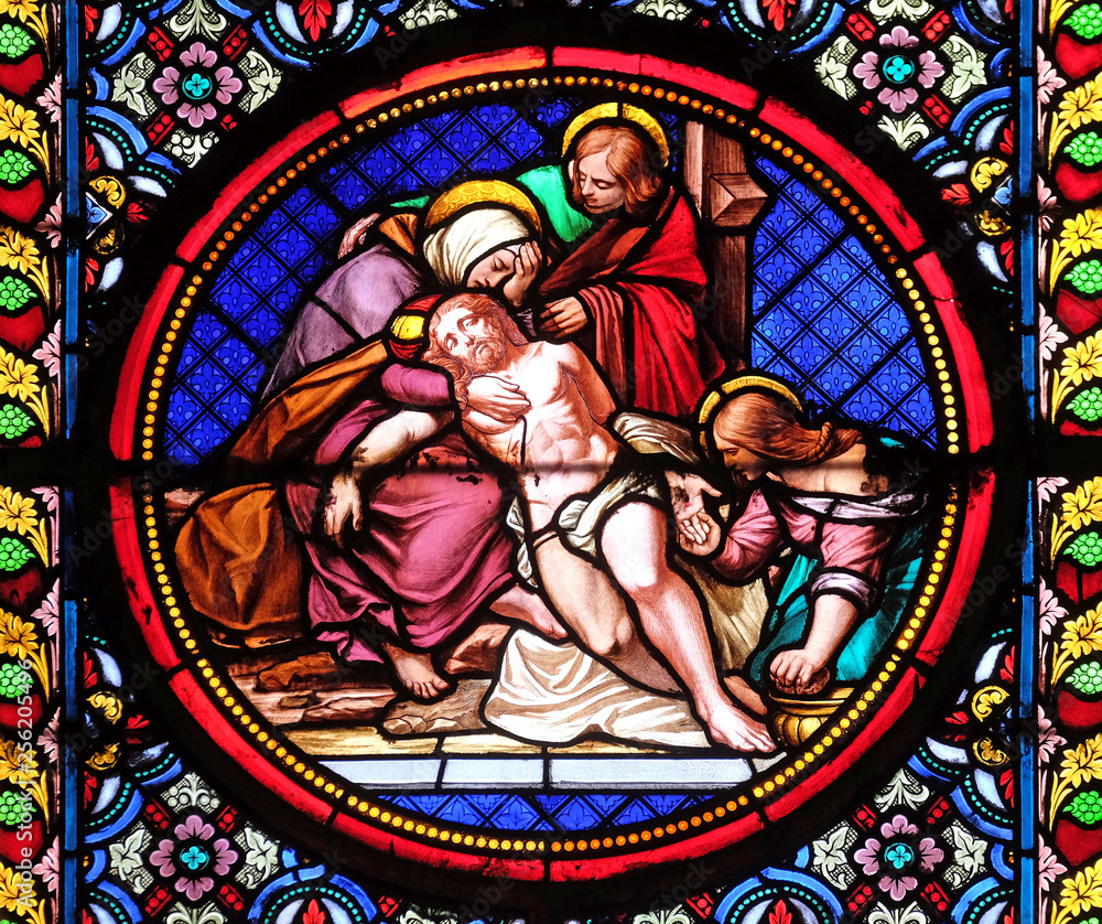Lamentation of Christ, stained glass window in the Basilica of Saint Clotilde in Paris, France