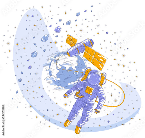 Spaceman flying in open space connected to space station and earth planet in background, astronaut man or woman in spacesuit floating in weightlessness and spacecraft, asteroids and stars. Vector.