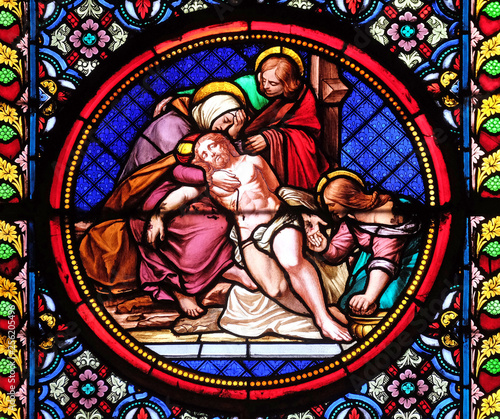 Lamentation of Christ  stained glass window in the Basilica of Saint Clotilde in Paris  France